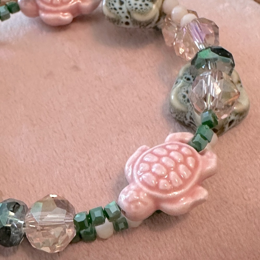 Handmade Pink & Green Ceramic Turtle Flowers Memory Wire Bracelet & Earrings Set - Picture 6 of 9